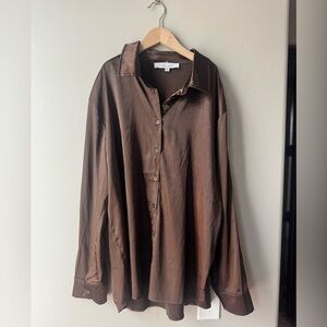 Sweet Rain Chocolate Brown Satin Shirt Y2K 90s Minimalist Blouse L Academia Chic